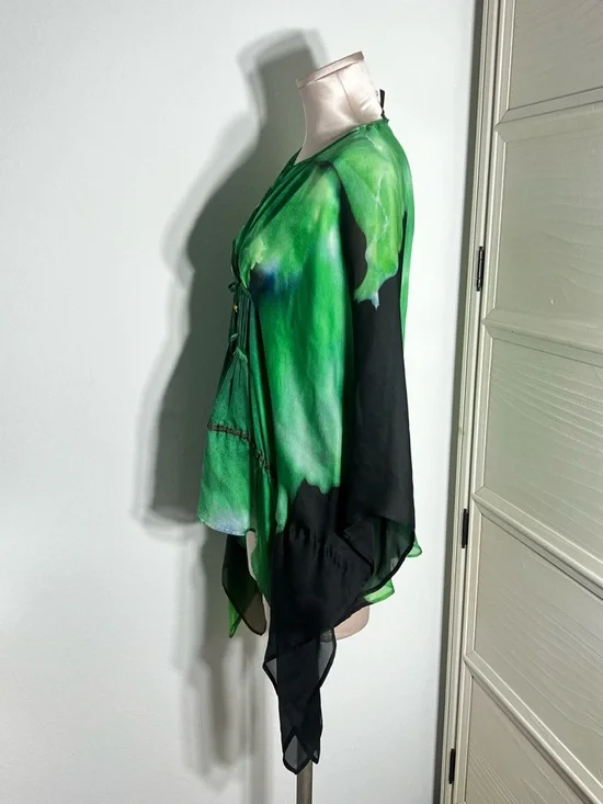 Roberto Cavalli Green Watercolor Green Silk Batwing Women’s Blouse Top Sz One Sz - Picture 9 of 16